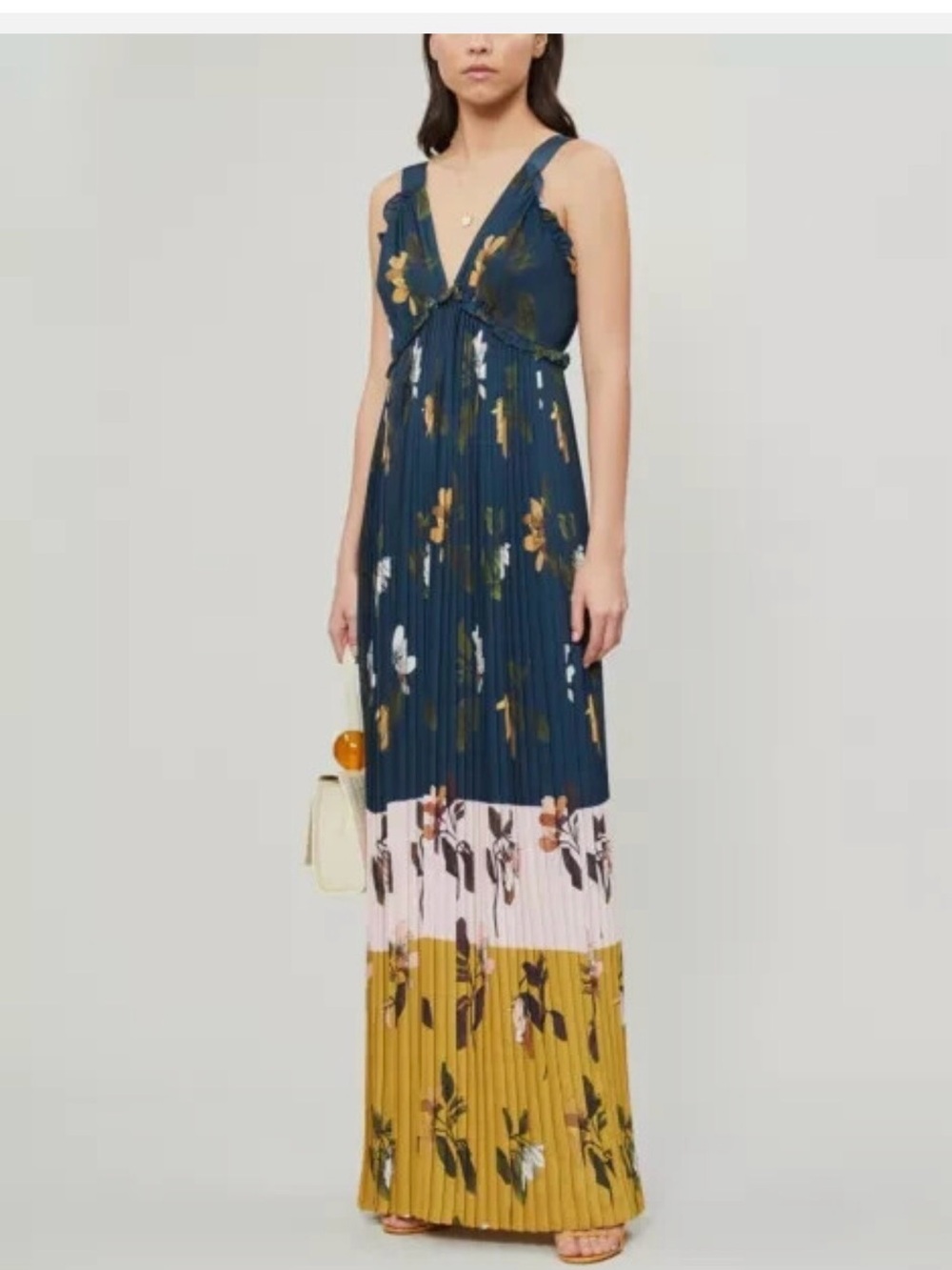 Floral Pleated Dress in Teal and Yellow